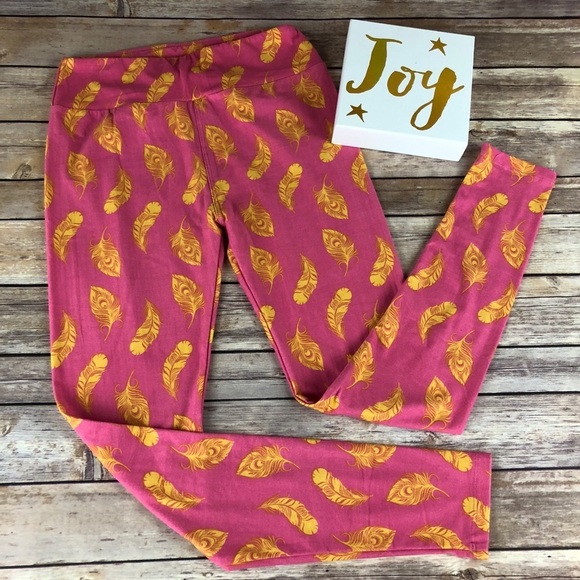 LuLaRoe Pants - 22 LuLaRoe Pink with Yellow Feather Leggings. Size OS